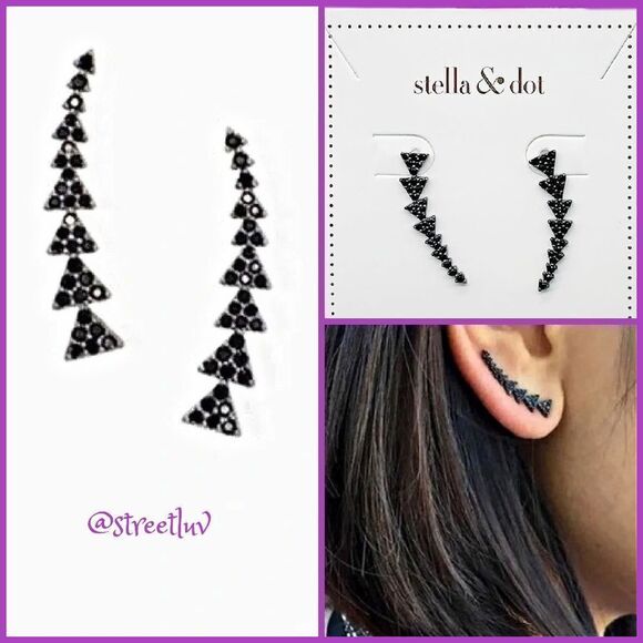 NEW ~ RARE stella & dot ~ black triangle ear climber ~ hematite pave - Picture 1 of 9